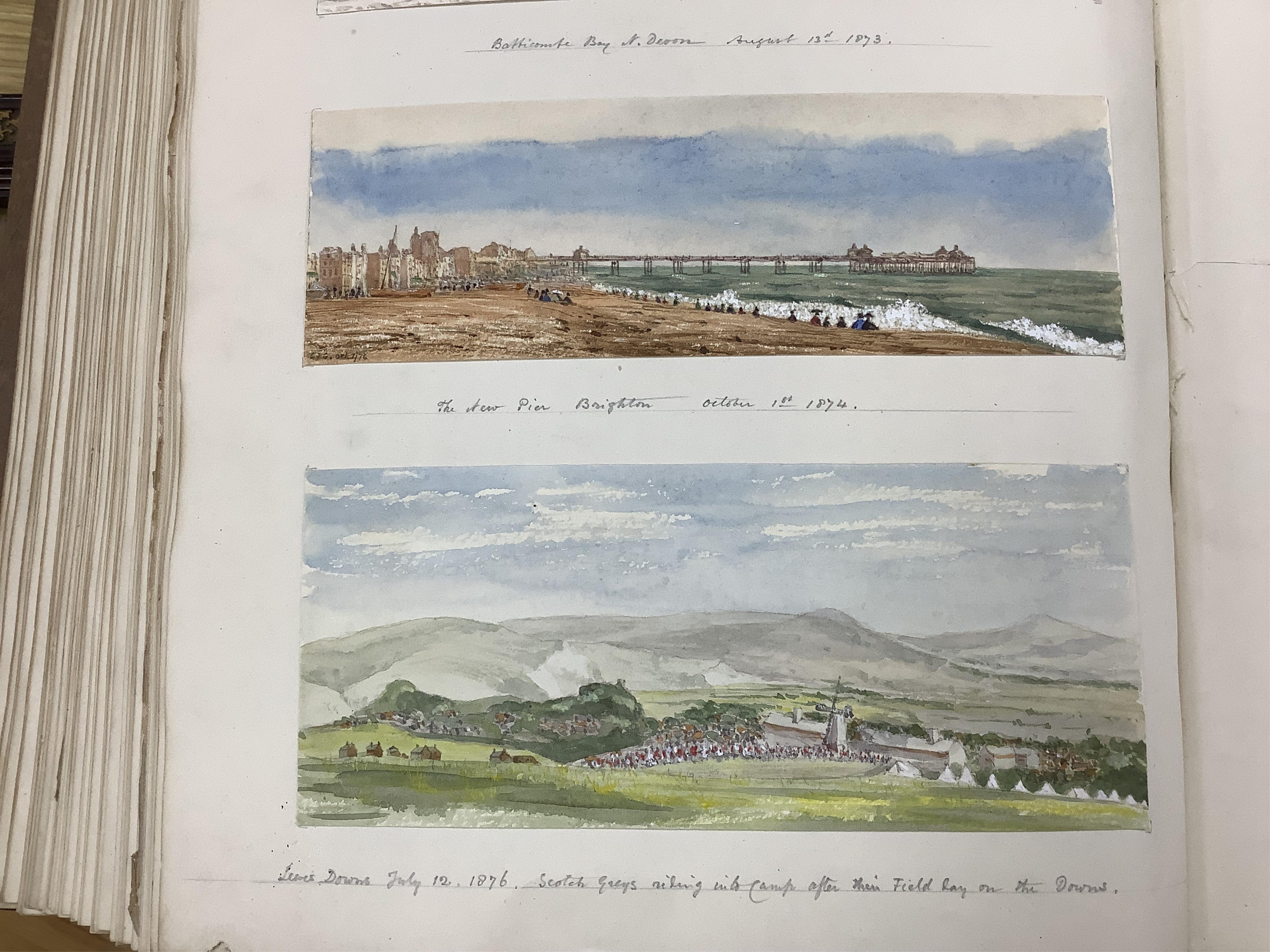 A Victorian leather bound album of watercolours and annotations, including View of Edenbridge from the window of Barnhawe House by F. R. Gore Esq., 1861 and Folkestone Harbour, Steamboat about to leave for Bologne, Augus